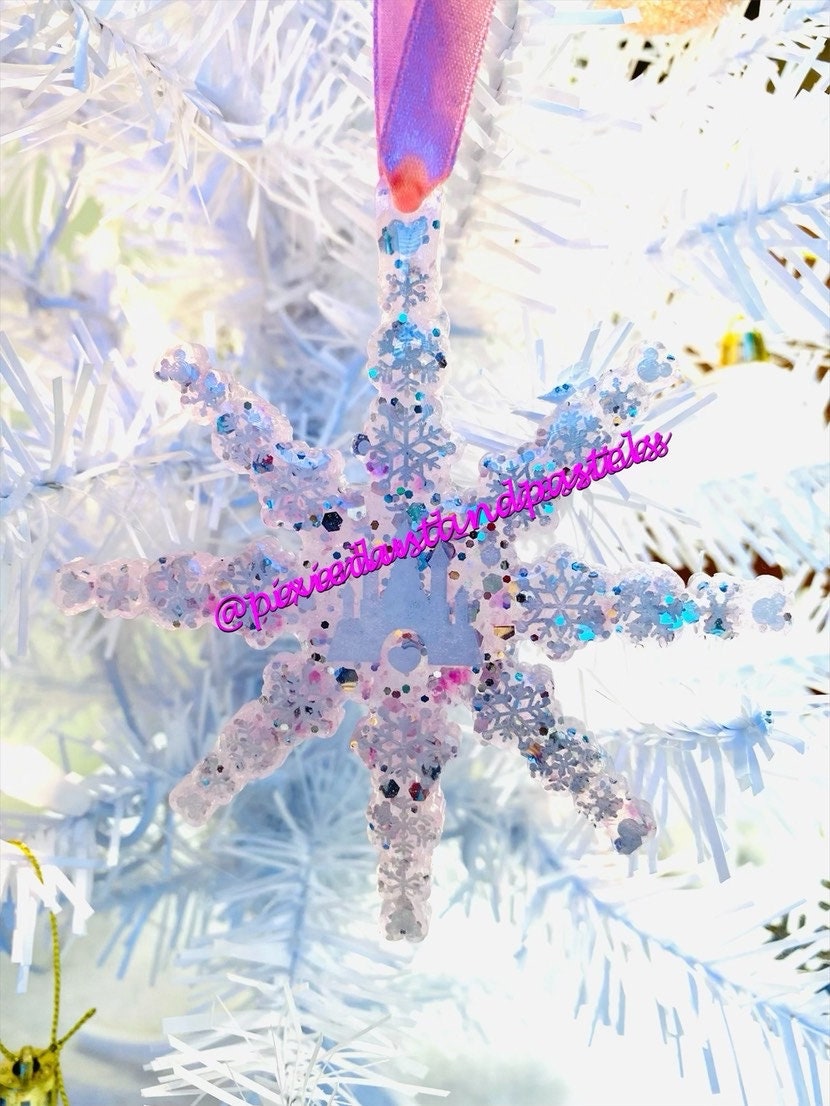 Magical Castle Snowflake Christmas Coaster or Ornament - Choose your colors! Mickeys Holiday Party -