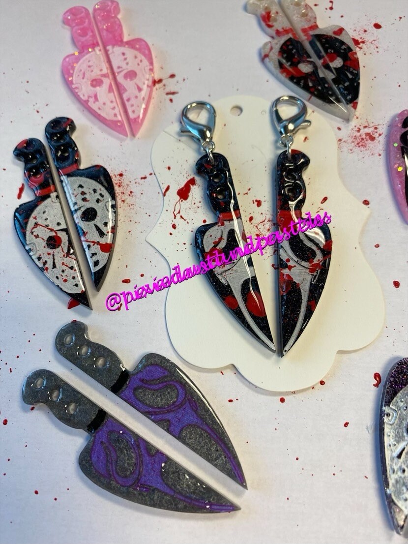 Halloween Knife Earrings or BFF Keychains! Horror and Slasher Themed Ghost or Friday the 13th! Scary Scream Movies