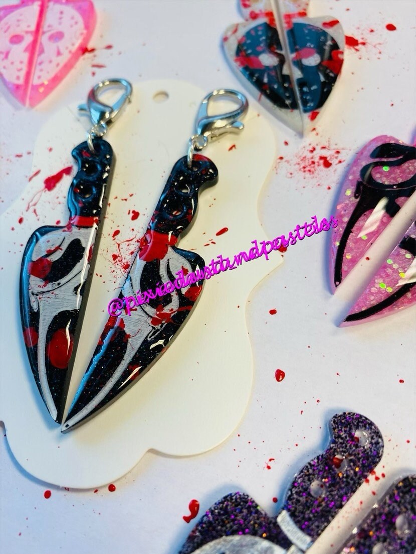 Halloween Knife Earrings or BFF Keychains! Horror and Slasher Themed Ghost or Friday the 13th! Scary Scream Movies