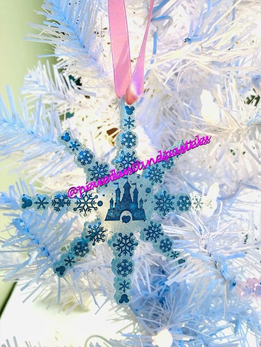Magical Castle Snowflake Christmas Coaster or Ornament - Choose your colors! Mickeys Holiday Party -