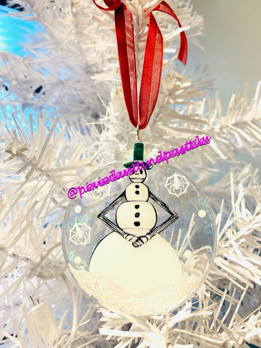 Hand Painted Snowman Jack Skellington Ornament - Haunted Holiday Christmas - Spider Snowflakes! NBC