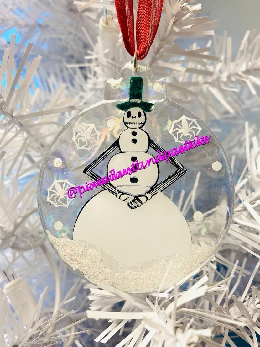 Hand Painted Snowman Jack Skellington Ornament - Haunted Holiday Christmas - Spider Snowflakes! NBC