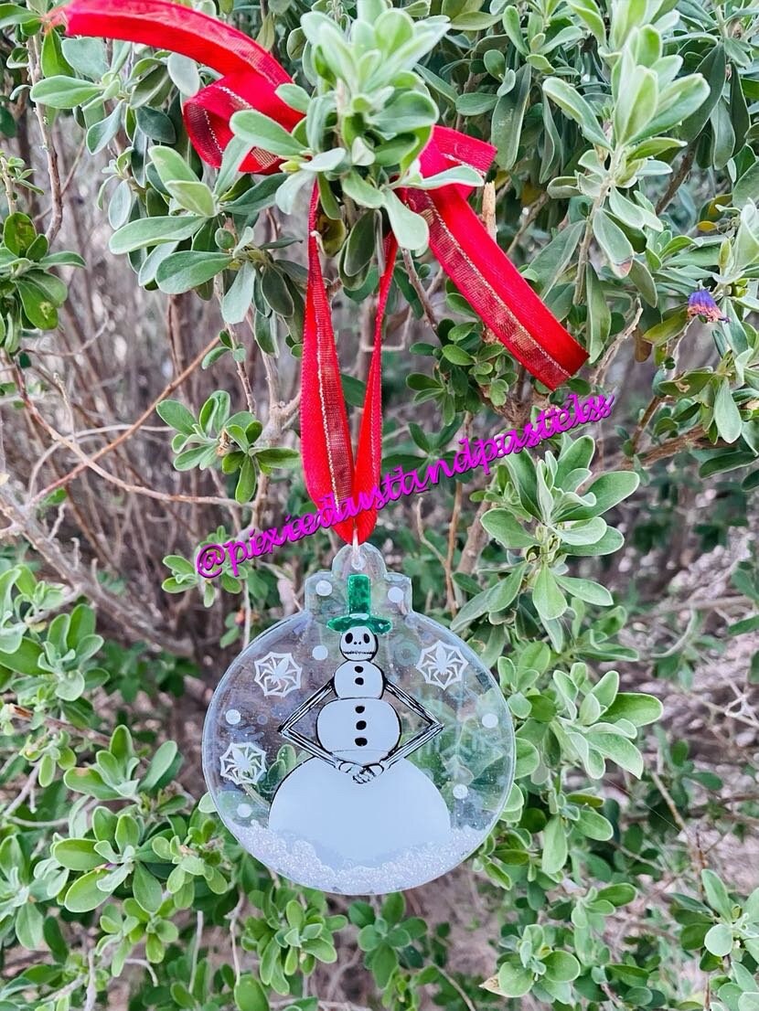 Hand Painted Snowman Jack Skellington Ornament - Haunted Holiday Christmas - Spider Snowflakes! NBC