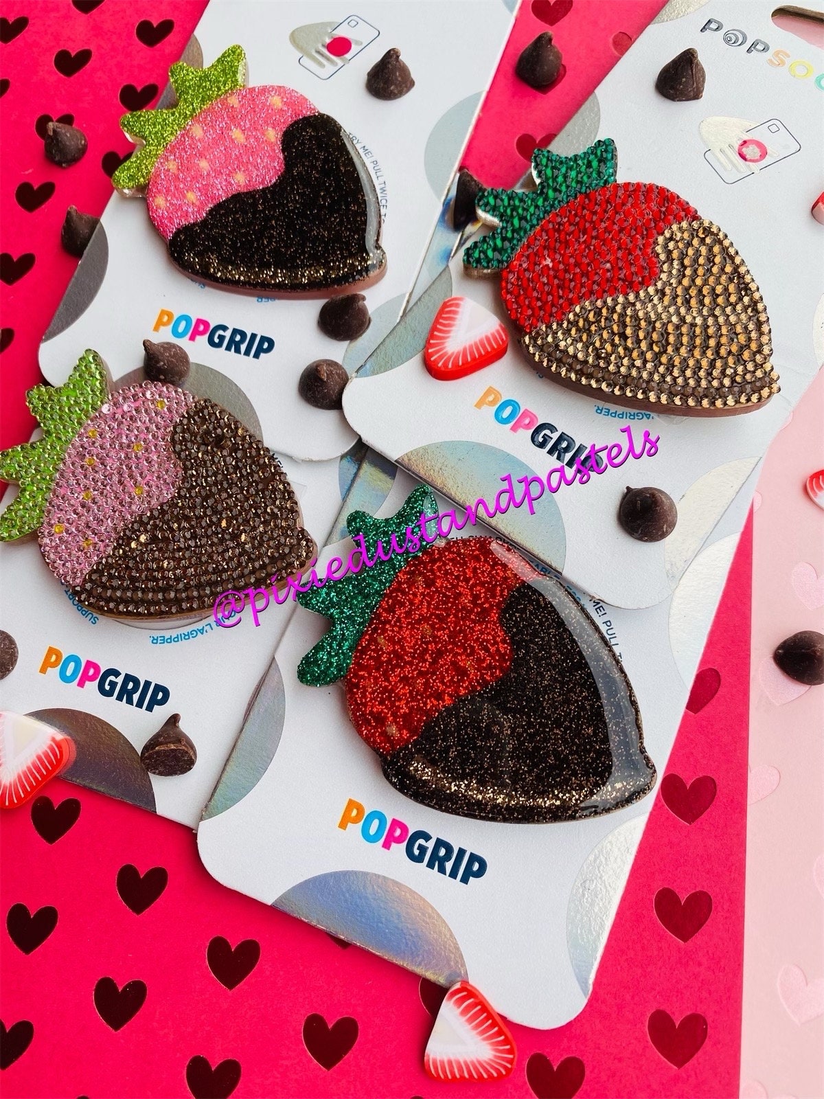 Valentines Day Chocolate Covered Strawberries! Bling or Glitter Phone Accessory or Badge Reel - Phone Grip - So good..you could eat!