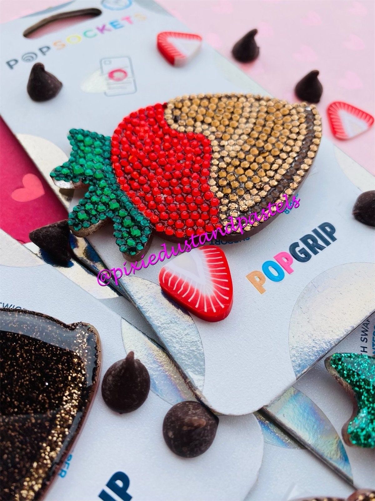 Valentines Day Chocolate Covered Strawberries! Bling or Glitter Phone Accessory or Badge Reel - Phone Grip - So good..you could eat!