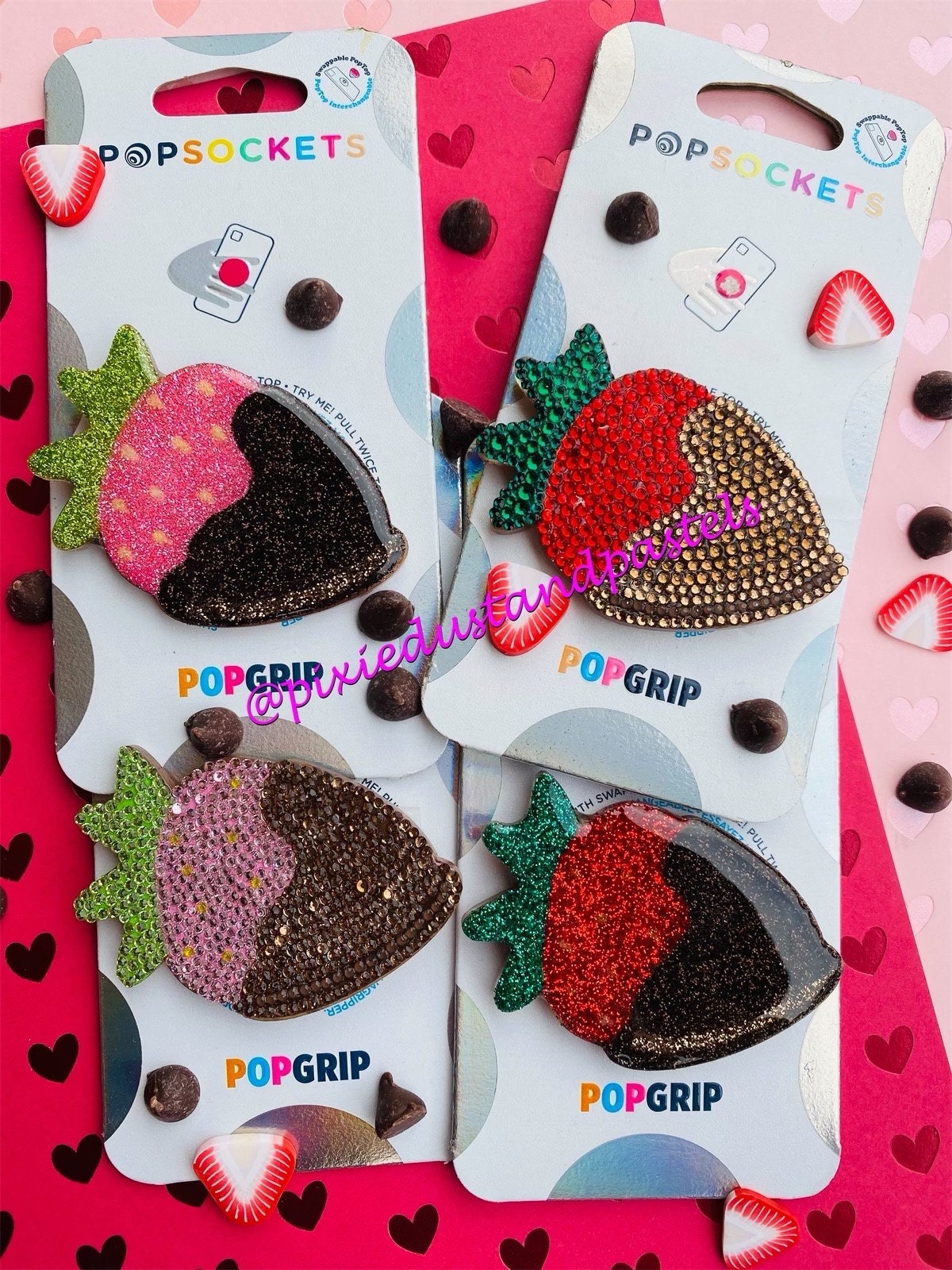 Valentines Day Chocolate Covered Strawberries! Bling or Glitter Phone Accessory or Badge Reel - Phone Grip - So good..you could eat!