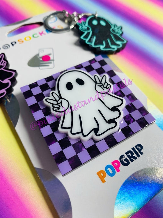 Stanley the Ghost - Peace Out Halloween Ghost Phone Grip - Badge Reel - Stanley Charm for your cup or Tumbler! Skater Style - Retro Ghost -