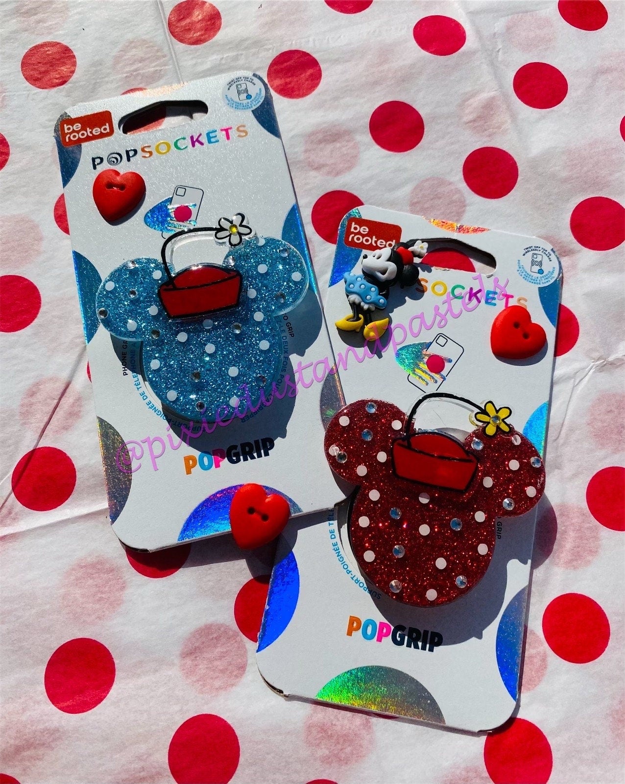 Polka Dots, Daisies, and Bows! Classic Minnie  Badge Reel or Phone Grip for your phone! Mouse shape with Glitter and stones!