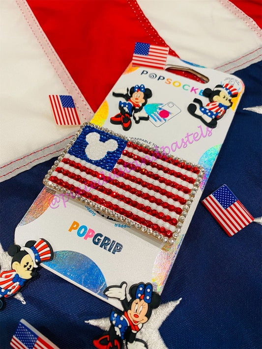 All American Mouse! Premium American Flag Mouse Bling Phone Grip - Red White and Blue Bling design - Pop Phone Socket