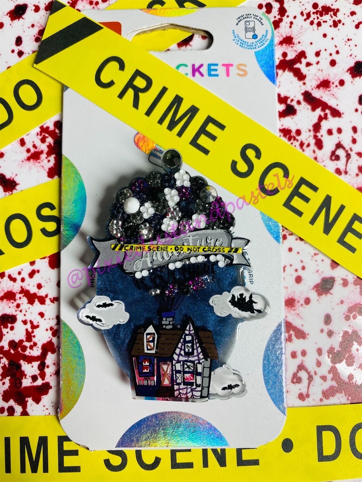 Haunted!  Adventure is Out There! Up! Design Phone Grip-Socket - Balloon house Pop! Halloween Bling - Glow in the Dark! Haunted Crime Scene