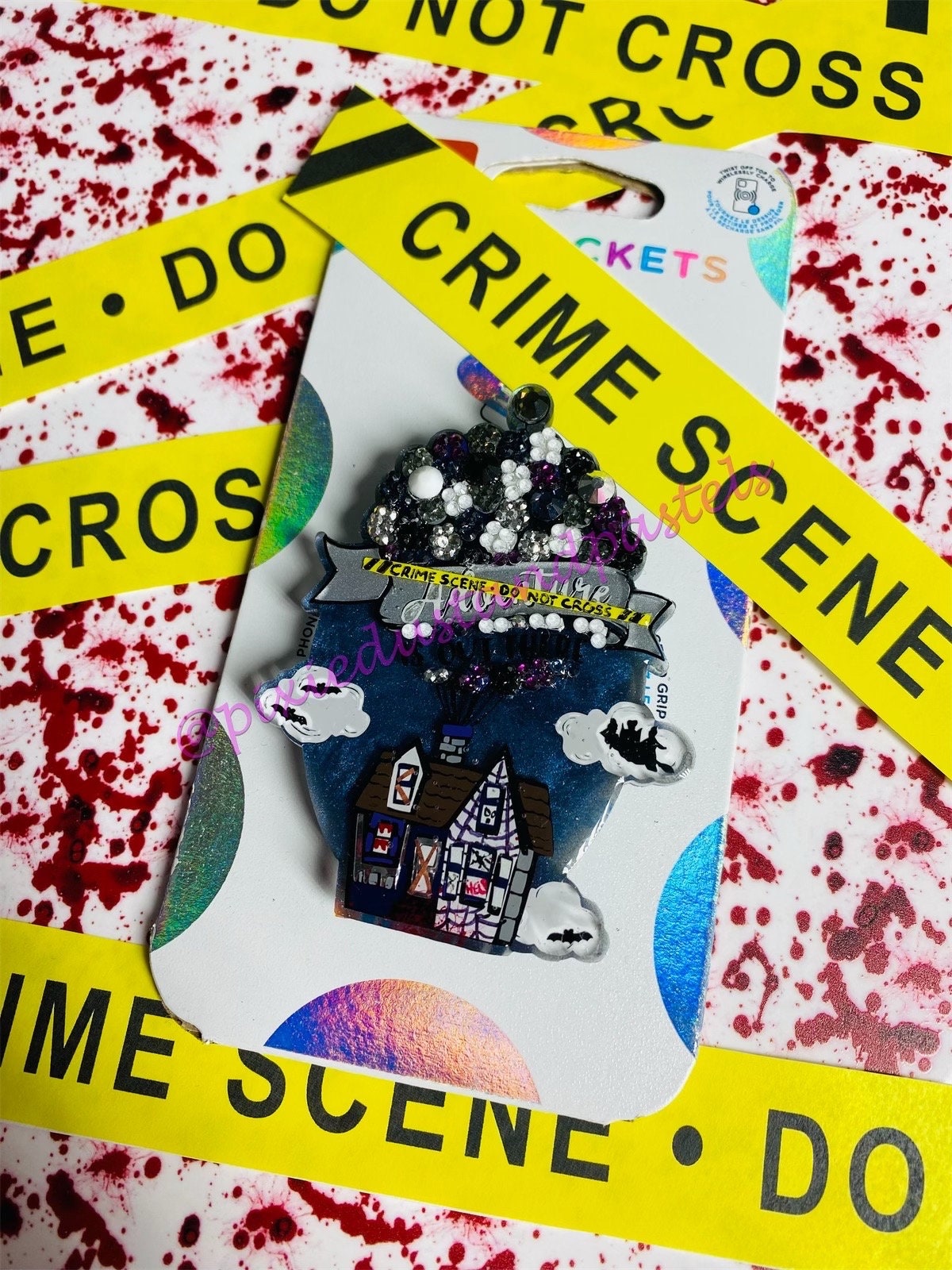 Haunted!  Adventure is Out There! Up! Design Phone Grip-Socket - Balloon house Pop! Halloween Bling - Glow in the Dark! Haunted Crime Scene